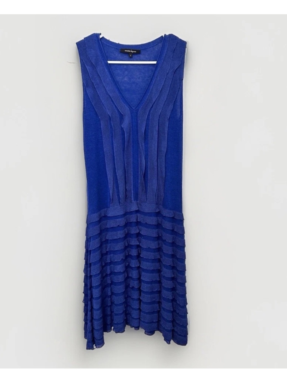 Nanette Lepore Dress Knit Size Small Blue Ruffle Striped A-line Fit Flare V-Neck